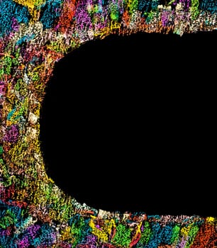 Colorful frame image isolated on black background, copy space available.Hand drawing on blackboard, horizontal shot, creativity concept