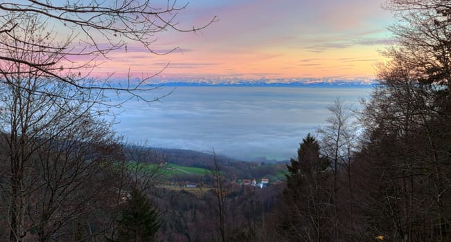 Alps mountains upon clouds by sunset, France, HDR