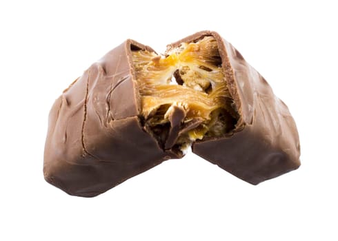Closeup of chocolate bar with nuts isolated on white.