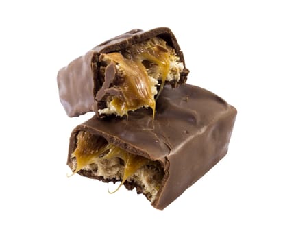 Closeup of chocolate bar with nuts isolated on white.