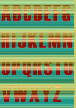 Striped unusual font. Jalousie Alphabet. Red symbols with green background. Illustration.