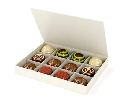 Gift box with chocolates on white background