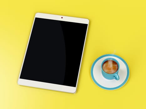 Tablet computer and coffee cup on yellow table