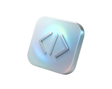 A sleek 3D holographic icon representing coding and programming, isolated on white background, featuring a symbol for coding languages. Modern, futuristic design.