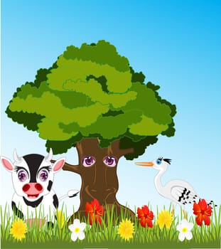 Big tree and glade with animal and bird