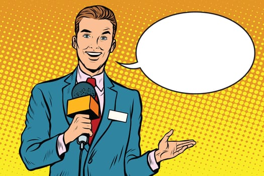 Broadcaster news is reporting live. Pop art retro vector illustration