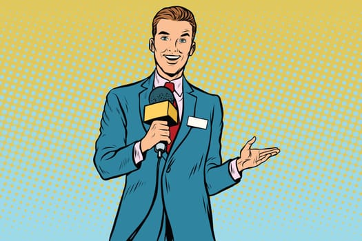 joyful TV reporter with microphone. Pop art retro vector illustration