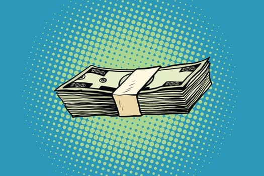 Packing of banknotes one hundred dollars. Pop art retro vector illustration