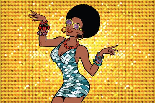 African American woman disco dancer. Pop art retro vector illustration. Beautiful girl in sunglasses and a sparkly dress