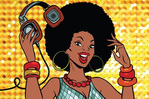 African American woman DJ with headphones. Audio and music. Pop art retro vector illustration