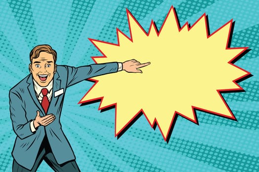 joyful promoter is pointing the finger at. Pop art retro vector illustration