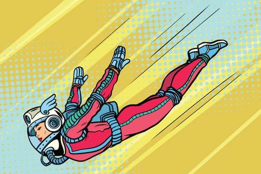 Girl superhero flying in a futuristic space suit. The woman jumps down. Pop art retro vector illustration