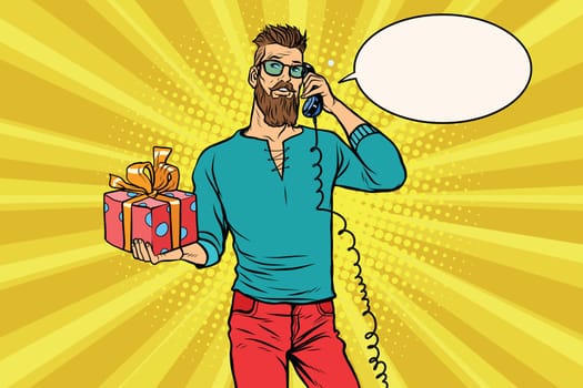 Hipster with a gift of talking on the phone. Pop art retro vector illustration
