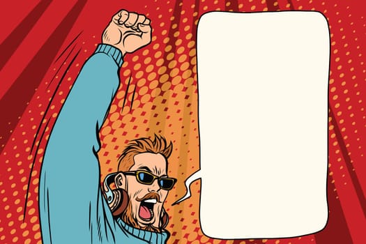 Hipster DJ emotional hands up. Pop art retro vector illustration