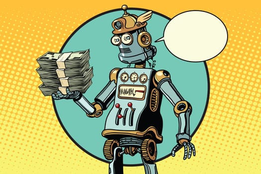 Retro robot with a bundle of money. in the pose of hamlet. Pop art retro vector illustration