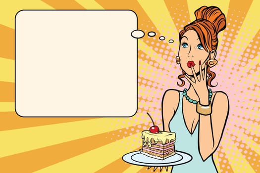 Beautiful woman and a piece of cake with cherries. Food and diet. Pop art retro vector illustration
