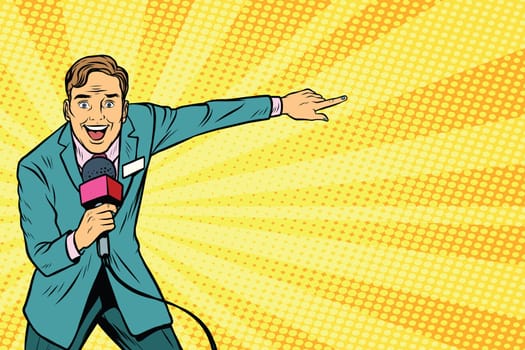 joyful TV reporter broadcasts live. Pop art retro vector illustration