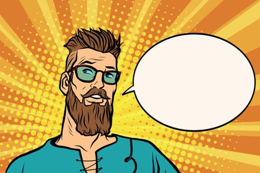 Hipster is thinking about something, a comic book bubble. Pop art retro vector illustration