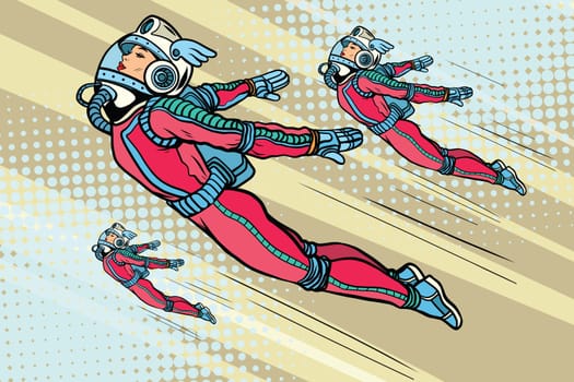 Girl superhero flying in a futuristic space suit. Pop art retro vector illustration