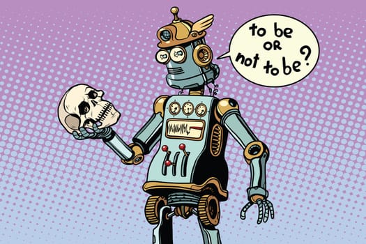 robots and humanity, a scene from hamlet. Pop art retro vector illustration