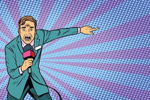 frightened TV reporter, crime reporting or disaster. Pop art retro vector illustration