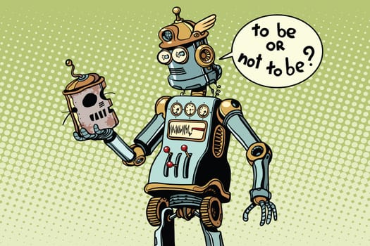 New robot looks at the skull of its predecessor, technical progress, in the pose of hamlet. Pop art retro vector illustration