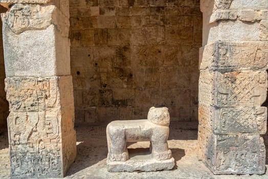 Carving of a jaguar in the temple of the jaguars in the ancient Mayan ruins of Chichen Itza, Mexico