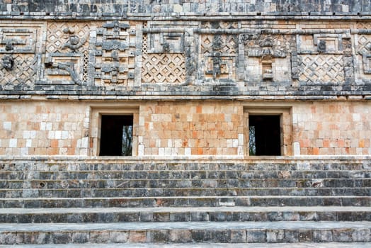 Stairs and ornate ruins of the Mayan city of Uxmal in Mexico