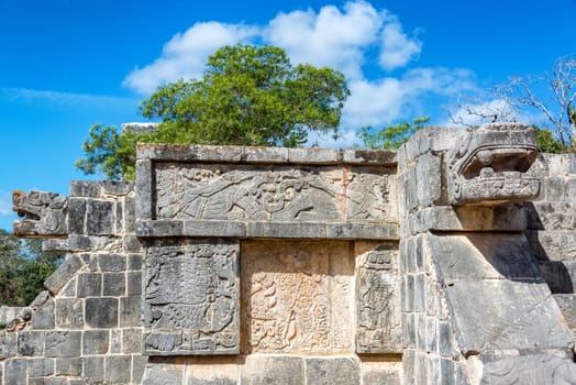 Details of the platform of the eagles and jaguars in the ruined Mayan city of Chichen Itza in Mexico