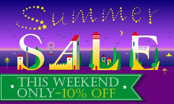 Summer Sale Inscription. This weekend only. Ten percents off. White houses Font. Stars in the sky. Night beach. Hotels at the coast line. Green banner for custom text. Illustration.