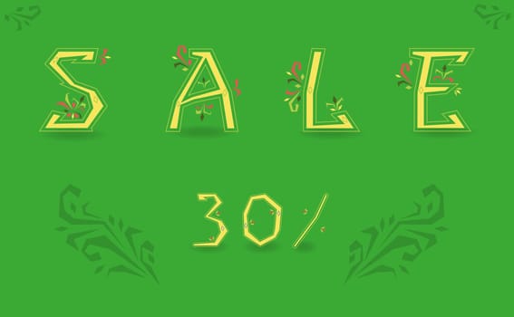 Inscription Sale. Thirty percents. Delicate letters with floral pattern. Floral decor. Green background. Artistic font. Illustration.