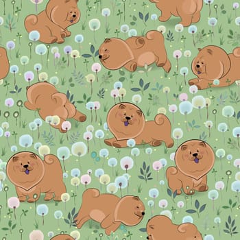 Happy dogs chow-chow on the blossoming field. Watercolor flowers and plants. seamless pattern.