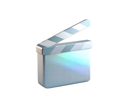 A modern holographic 3D icon of a film clapper, isolated on white background, symbolizing filmmaking, production, video, and movie industry in a sleek digital design