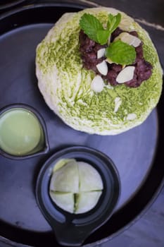 Green Tea Mochi Iced Cream And Shaved Ice, stock photo