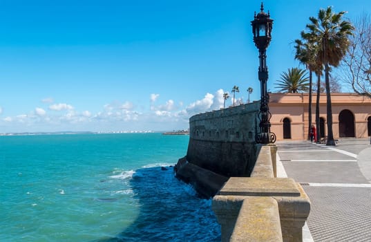 Boardwalk of Cadiz, Genoves Park, Andalusia, Spain. Sea, Sunny day and nice sky.