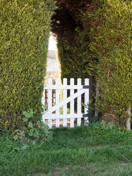 A lovely white gate to the back of a house in a field