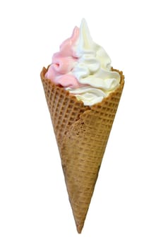 Strawberry and vanilla soft serve ice cream in cone isolated on a white background.