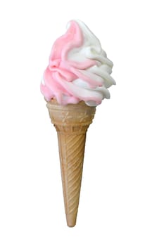 Strawberry and vanilla soft serve ice cream in cone isolated on a white background.