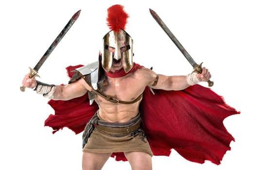 Ancient warrior or Gladiator posing over a white background