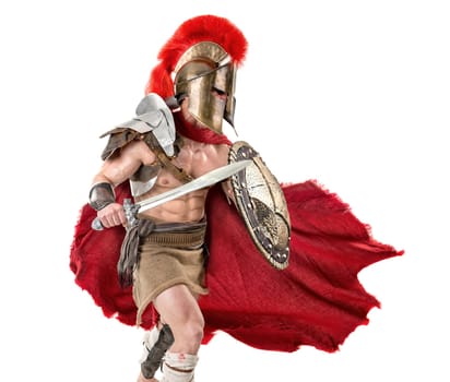 Ancient warrior or Gladiator posing over a white background