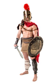 Ancient warrior or Gladiator posing over a white background