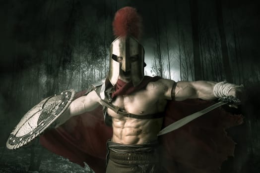 Ancient warrior or Gladiator ready to battle in a dark forest