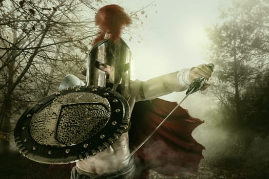 Ancient warrior or Gladiator ready to battle in a forest
