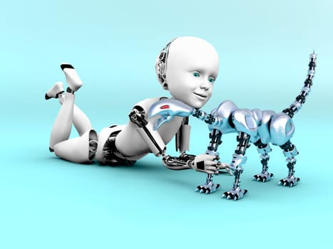 3D rendering of a robot child lying on the floor and playing with a toy robot dog. Bluish background.
