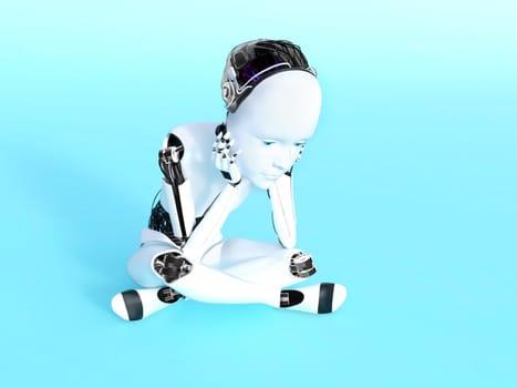 3D rendering of a robot child sitting on the floor and thinking. Bluish background.