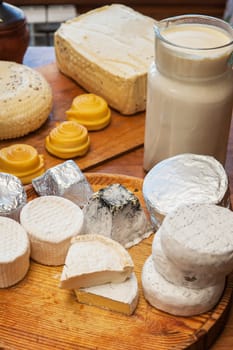 Set of different cheese: camembert, croton, mozzarella, smoked mozzarella and other