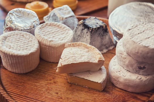 Set of different cheese: camembert, croton, mozzarella, smoked mozzarella and other
