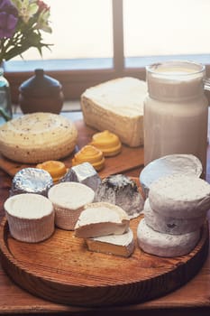 Set of different cheese: camembert, croton, mozzarella, smoked mozzarella and other