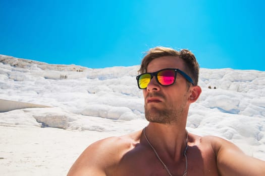 Portrait of man in Pammukale near modern Turkey city Denizli, Turkey