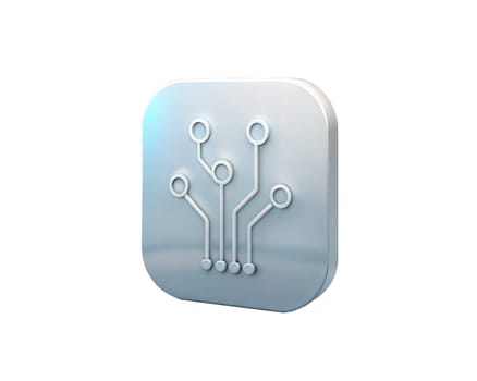 A sleek, holographic 3D circuit board icon with interconnected nodes, isolated on white background. Represents digital technology, circuits, and electronic design.